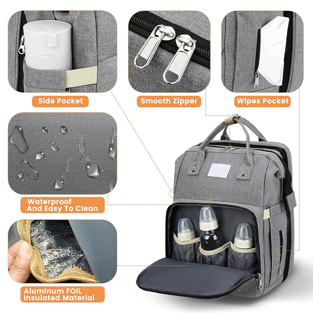Gray versatile diaper backpack with integrated changing pad, ideal for busy and stylish moms.