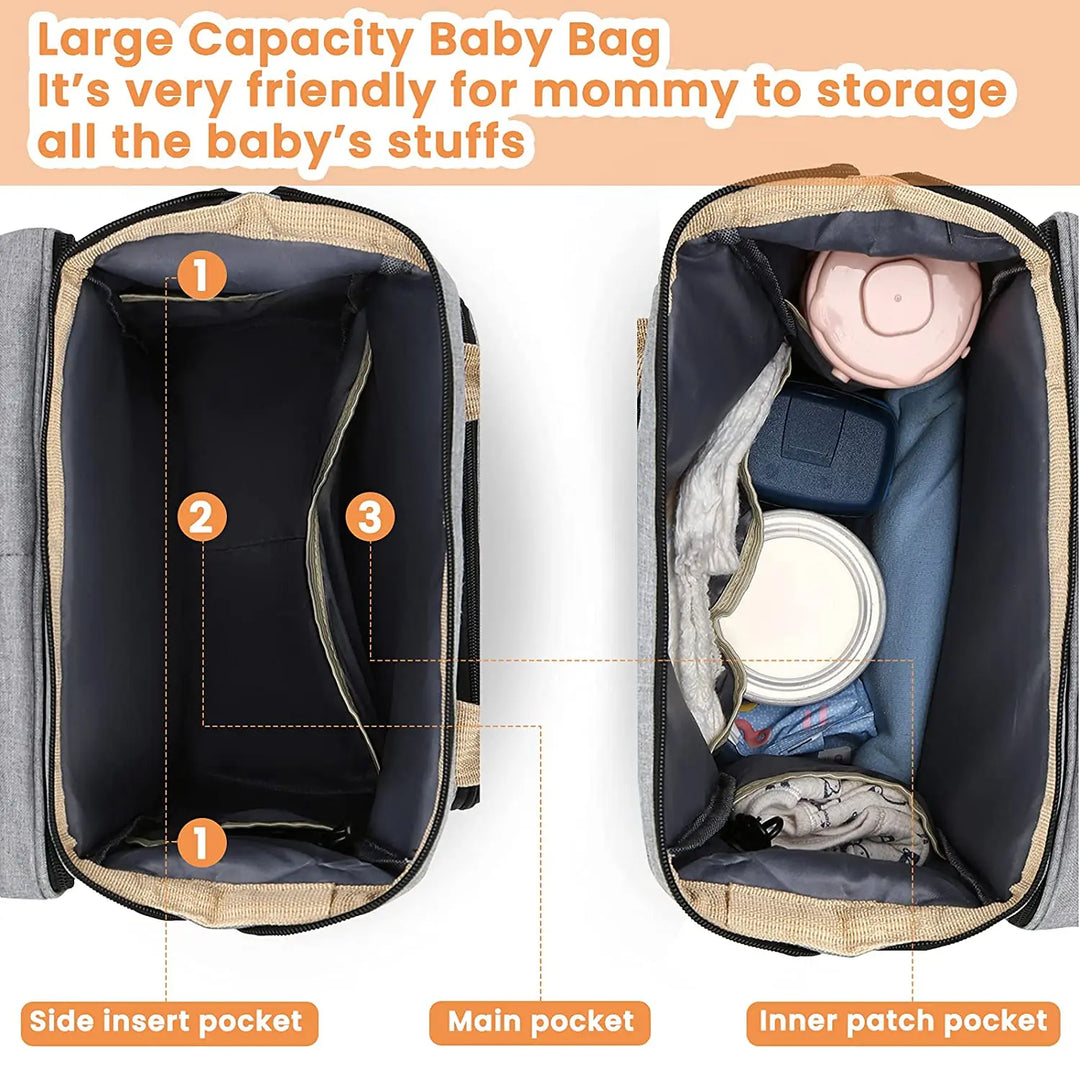 Purple baby travel backpack, features a portable changing pad, making parenting easier.