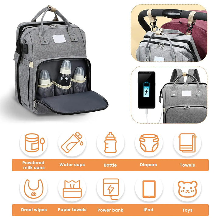 Gray women's travel diaper backpack, features folding changing pad & USB charging.