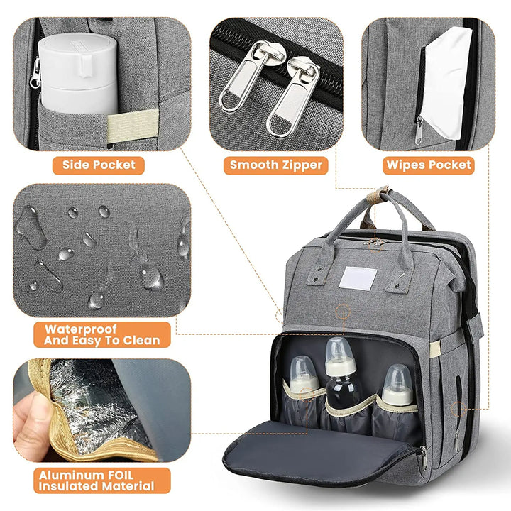 Purple mommy bag backpack, includes a portable changing pad & ample storage for essentials.
