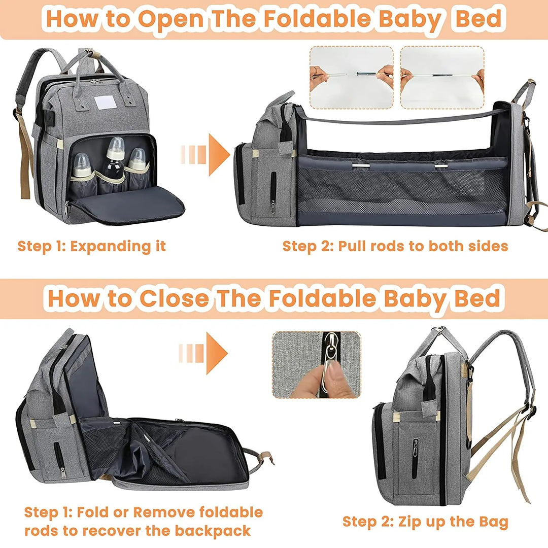 Light blue baby backpack with portable changing pad & folding bed, ideal for travel.