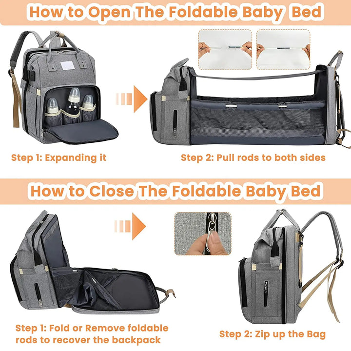 Light blue baby backpack with portable changing pad & folding bed, ideal for travel.