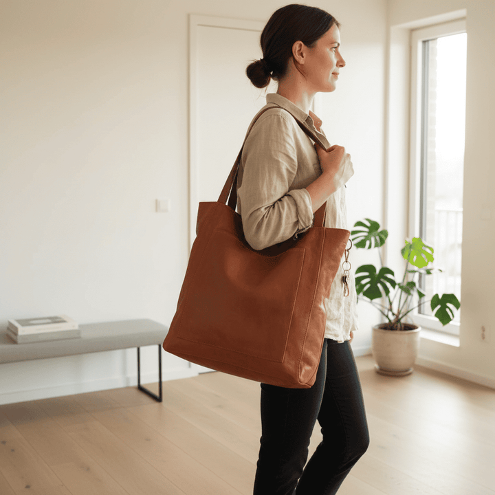 Coffee-colored women's versatile crossbody bag. Functional shoulder purse, ideal for everyday style & organization.