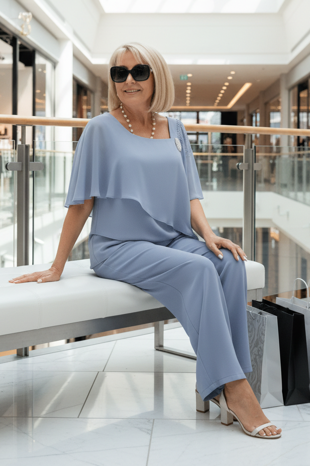 Versatile women's matching two-piece set in chic navy blue, a comfortable top and flowing skirt for casual wear.