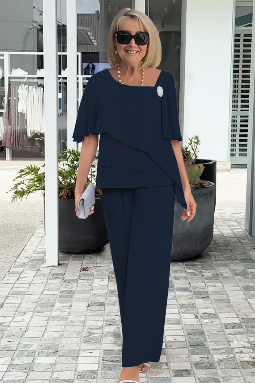 Stylish women's two-piece outfit set, available in light blue and navy blue, great for versatile casual wear.