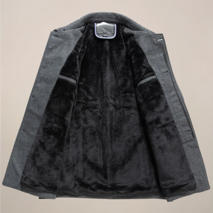 Elegant men's button-up jacket, ideal for layering in cold fall & winter weather.