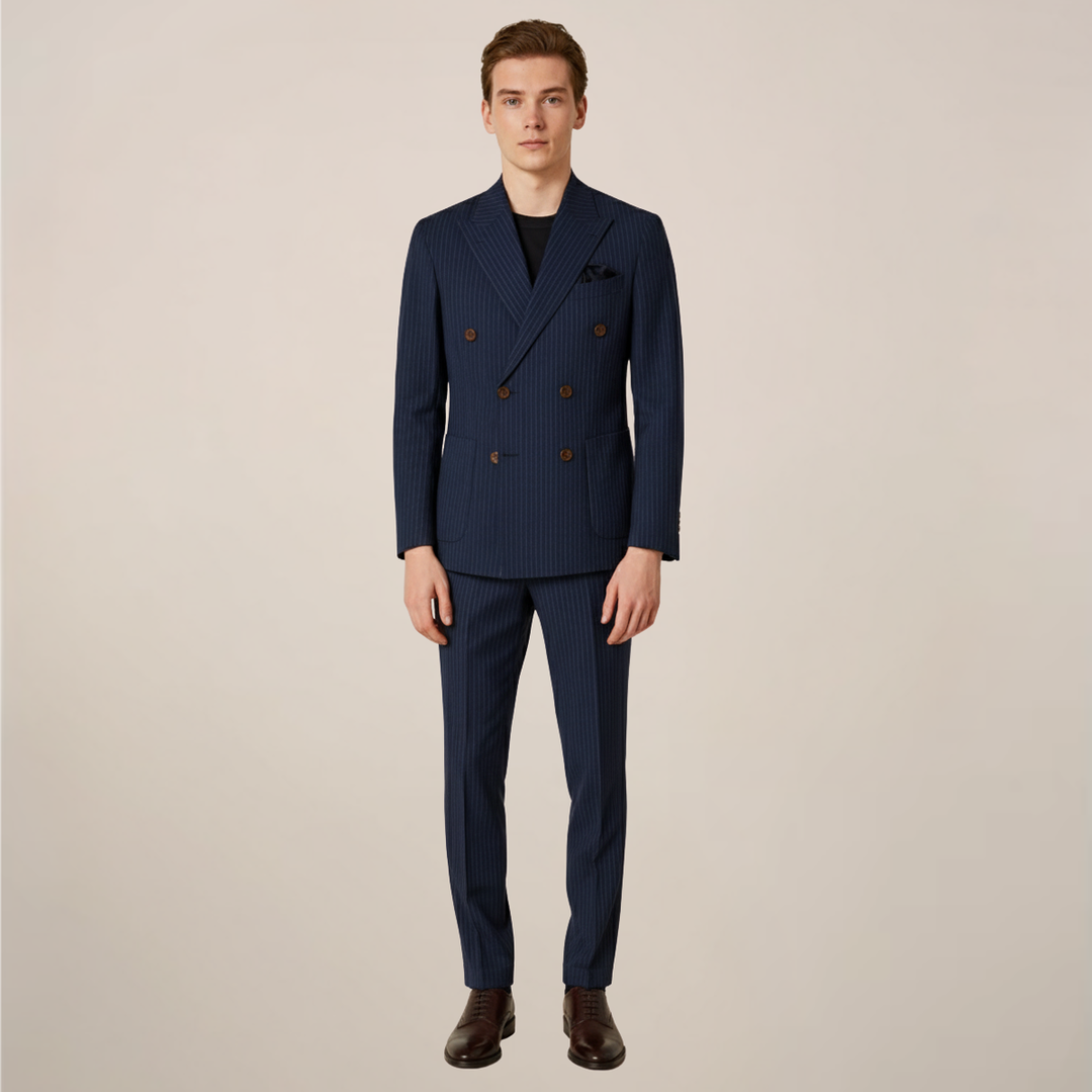 Stylish men's navy blue pinstripe suit, perfect for formal business attire and special occasions. Tailored fit.