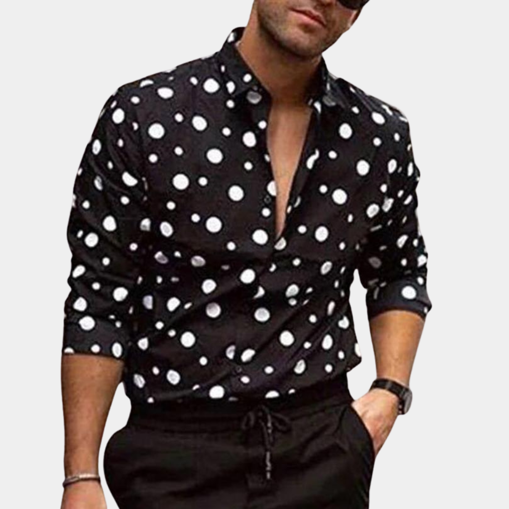 Stylish men's polka dot casual dress shirt. Modern fit, versatile fashion for all-season wear.