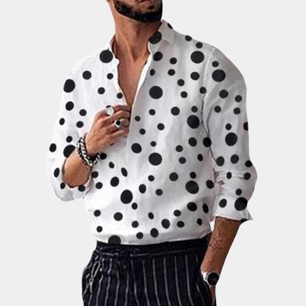 Versatile men's black or white polka dot dress shirt. Modern casual style for any season.