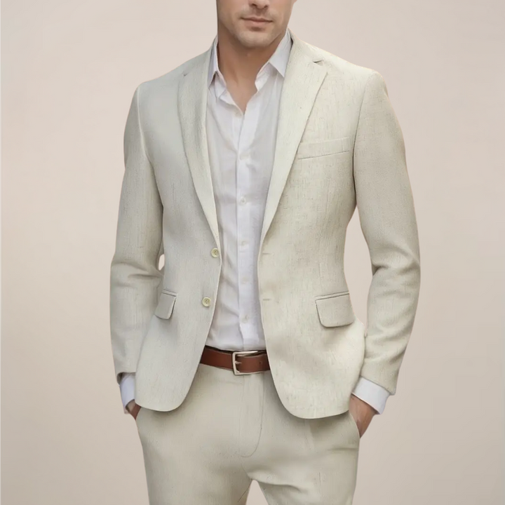 Men's elegant lightweight summer suit, ideal for wedding guests & formal occasions. Modern two-piece design.