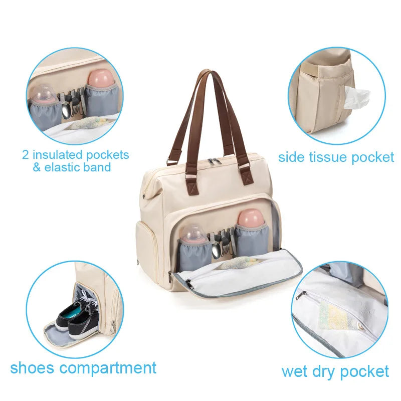 Maternity bag: grey diaper backpack with insulated pockets, perfect for travel and baby care