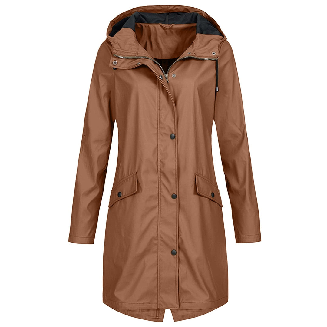 Front view of a new stylish women's all-season raincoat. Water-resistant fashion jacket for chic outerwear.