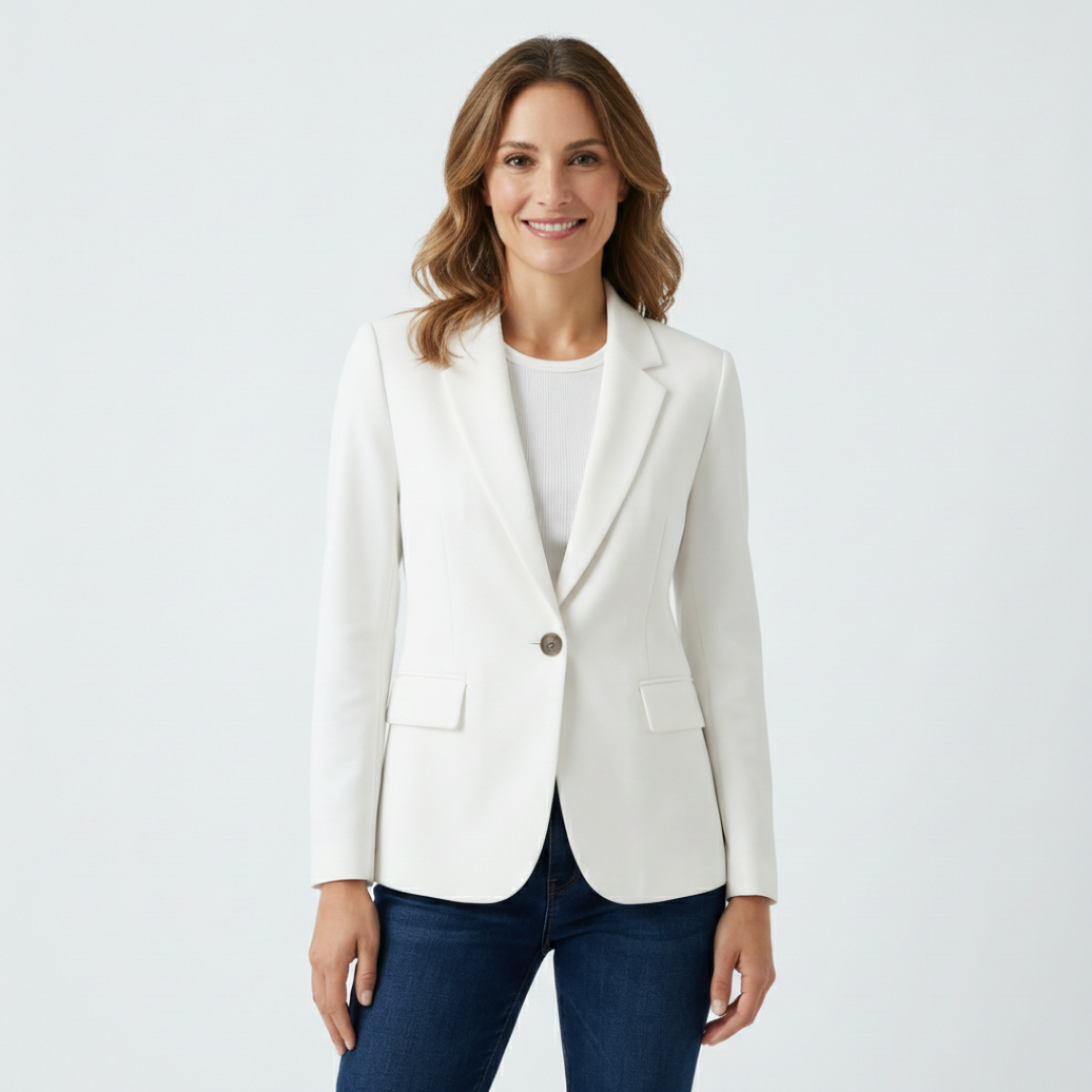 Stylish women's black one-button blazer with classic lapel for professional office wear and business attire.