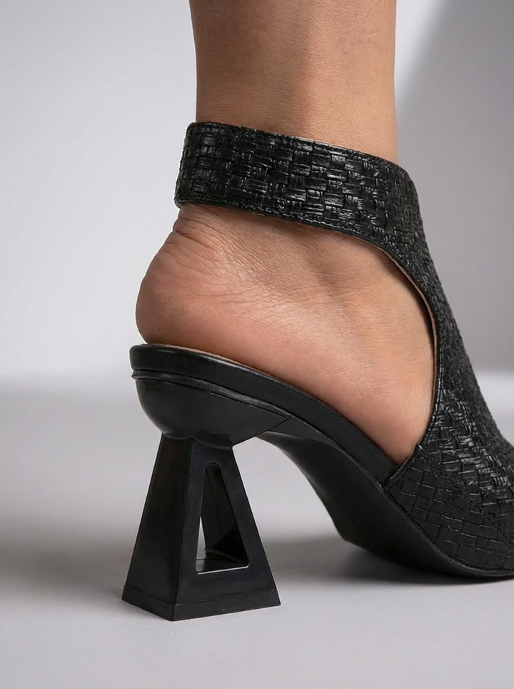 Chic women's braided block heel slingback sandals. Fashionable summer heels with comfortable block heel.
