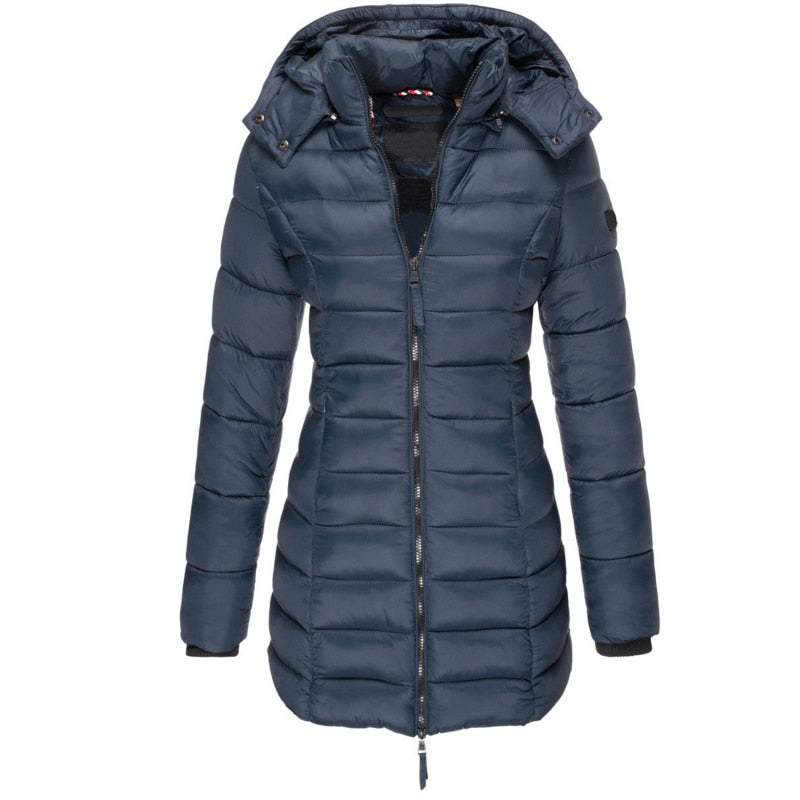 Stylish women's cozy insulated hooded winter jacket, perfect for warmth in cold weather.