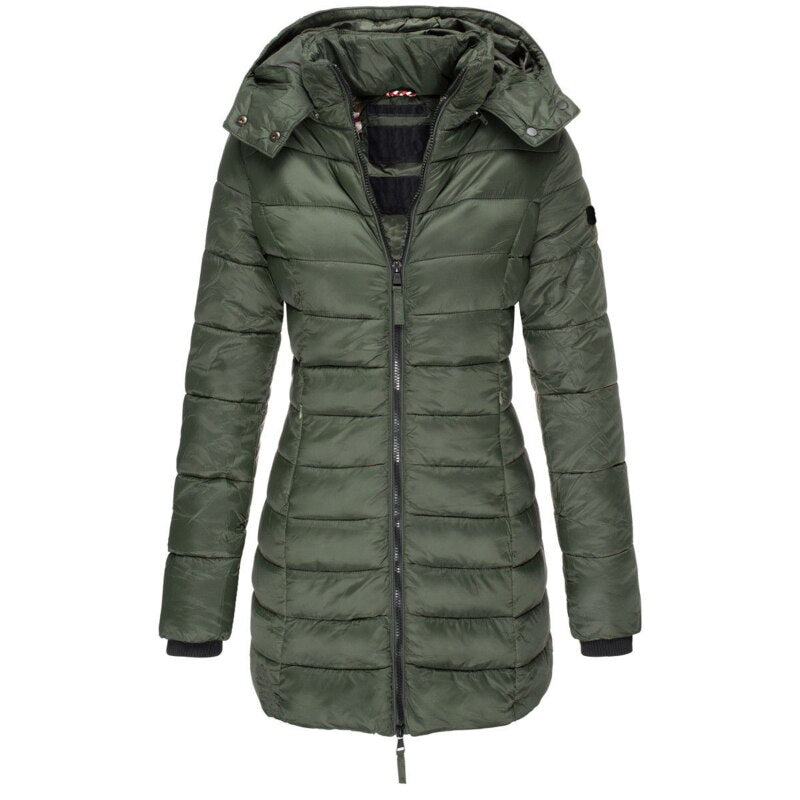 Cozy women's insulated winter jacket, a stylish hooded coat for comfortable everyday cold weather wear.