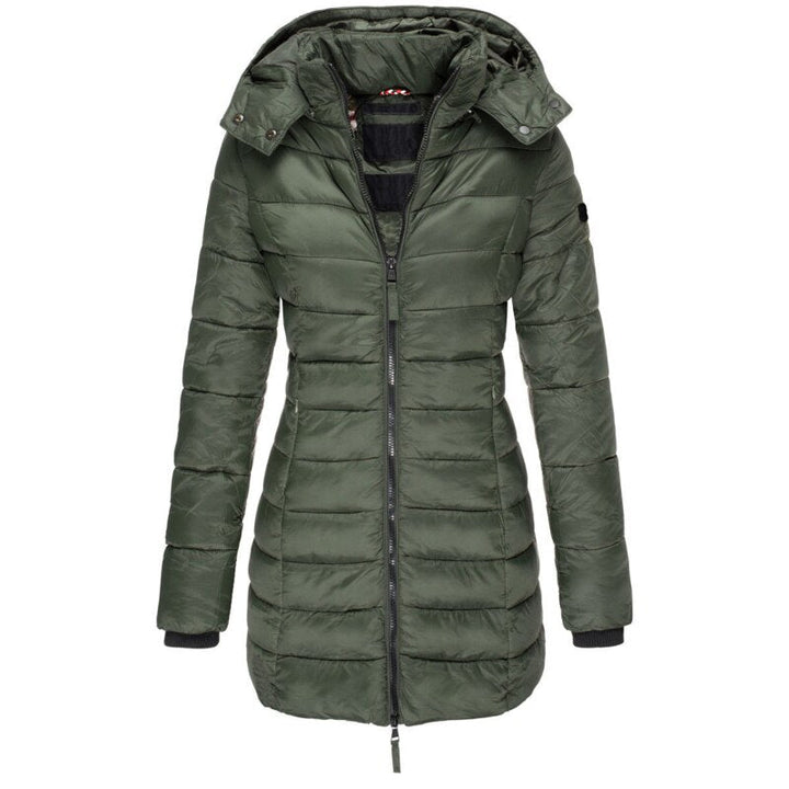 Cozy women's insulated winter jacket, a stylish hooded coat for comfortable everyday cold weather wear.