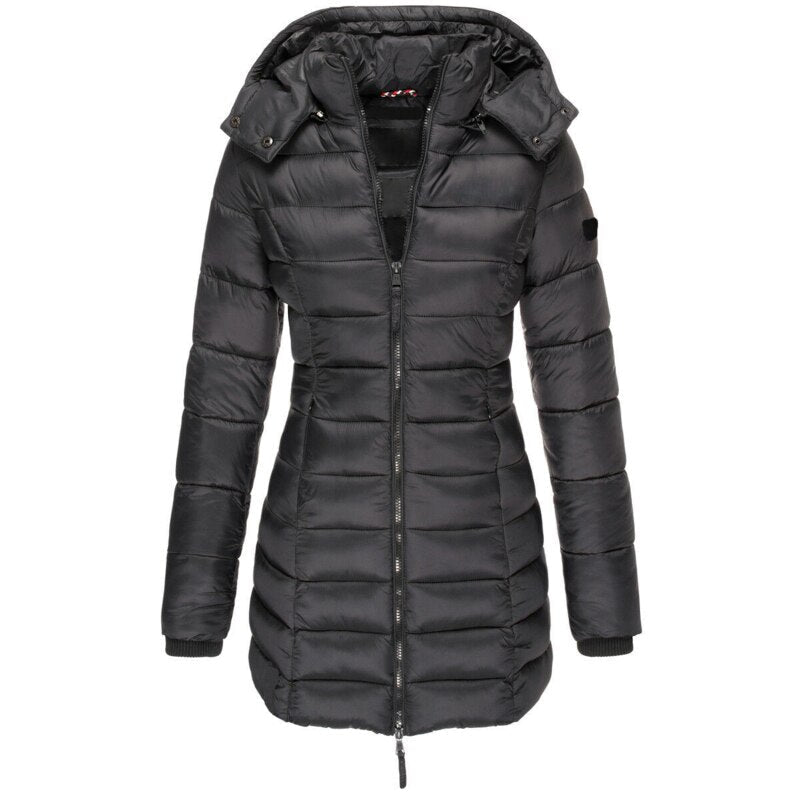 Women's stylish insulated hooded winter puffer jacket, ideal for warmth & modern fall fashion.