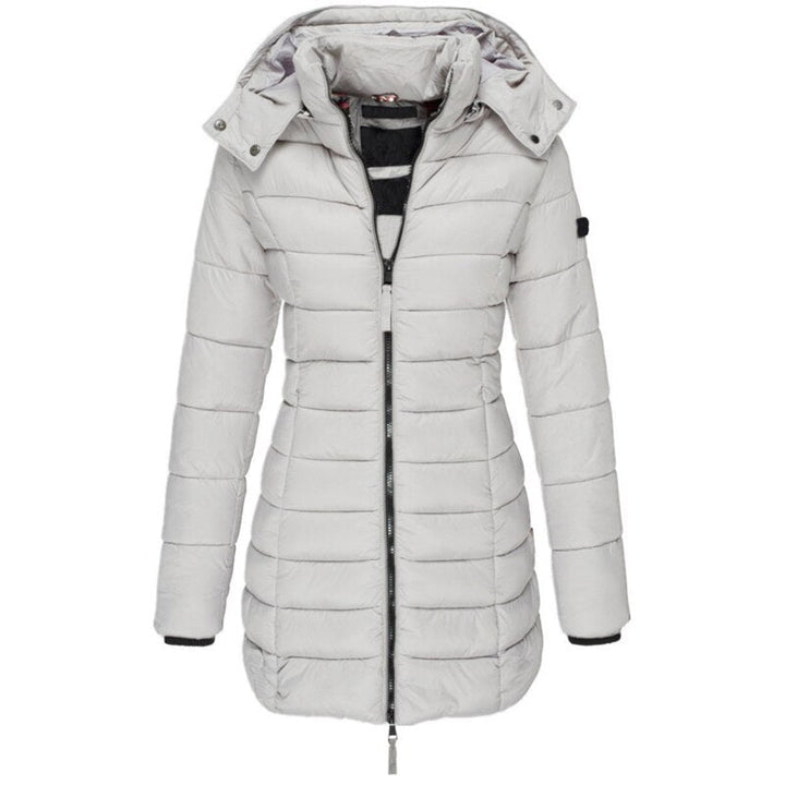 Versatile women's insulated hooded winter jacket, offering warmth and style for chilly fall and winter days.