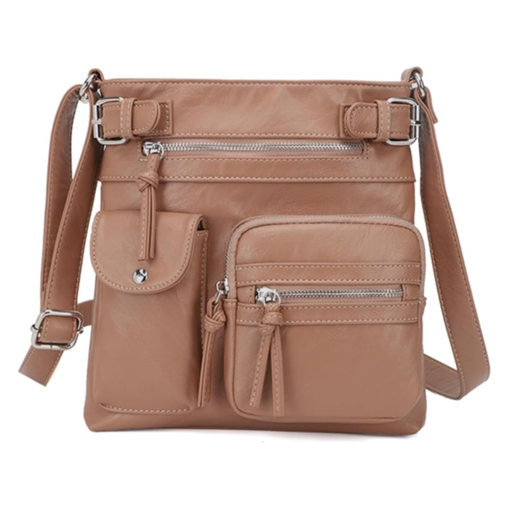 Organized women's crossbody purse with multiple pockets, ideal for keeping travel essentials neat.