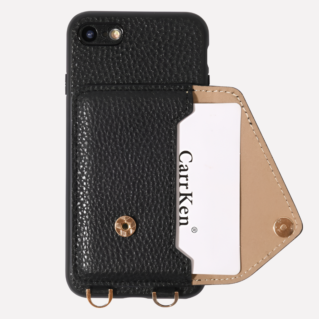 Stylish women's crossbody iPhone case with card holder & detachable lanyard for hands-free convenience & phone protection.