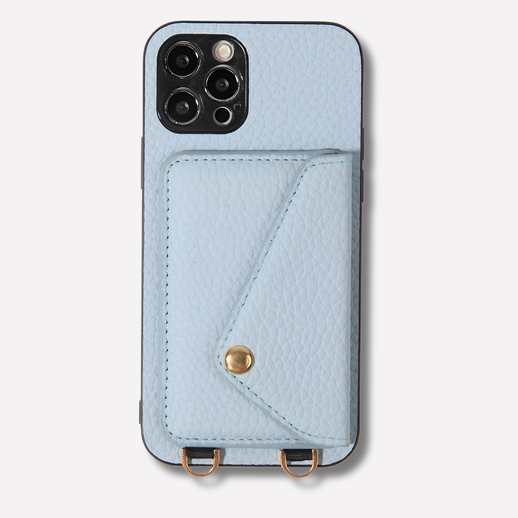 Elegant women's iPhone crossbody case, featuring integrated card holder & adjustable lanyard; perfect for travel.