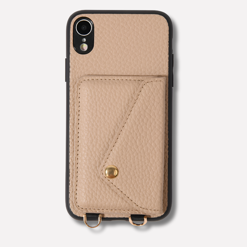 Protective women's iPhone case with card holder, crossbody strap, and lanyard; ideal for daily hands-free use.