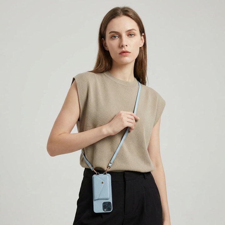 Hands-free women's phone case with card slots & lanyard, perfect for daily essentials & travel.