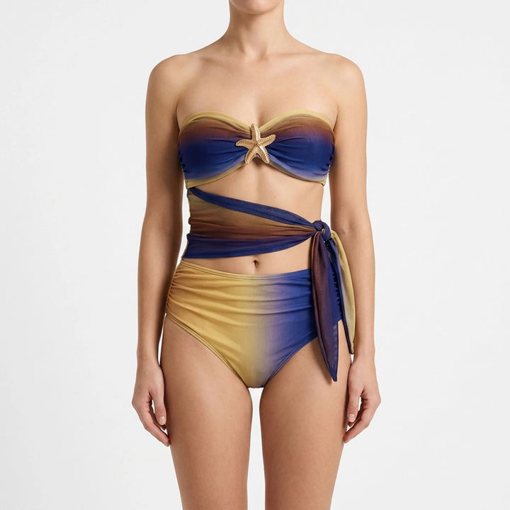 Women's two-piece cutout swimsuit and swim skirt set. Chic summer attire with adjustable straps.