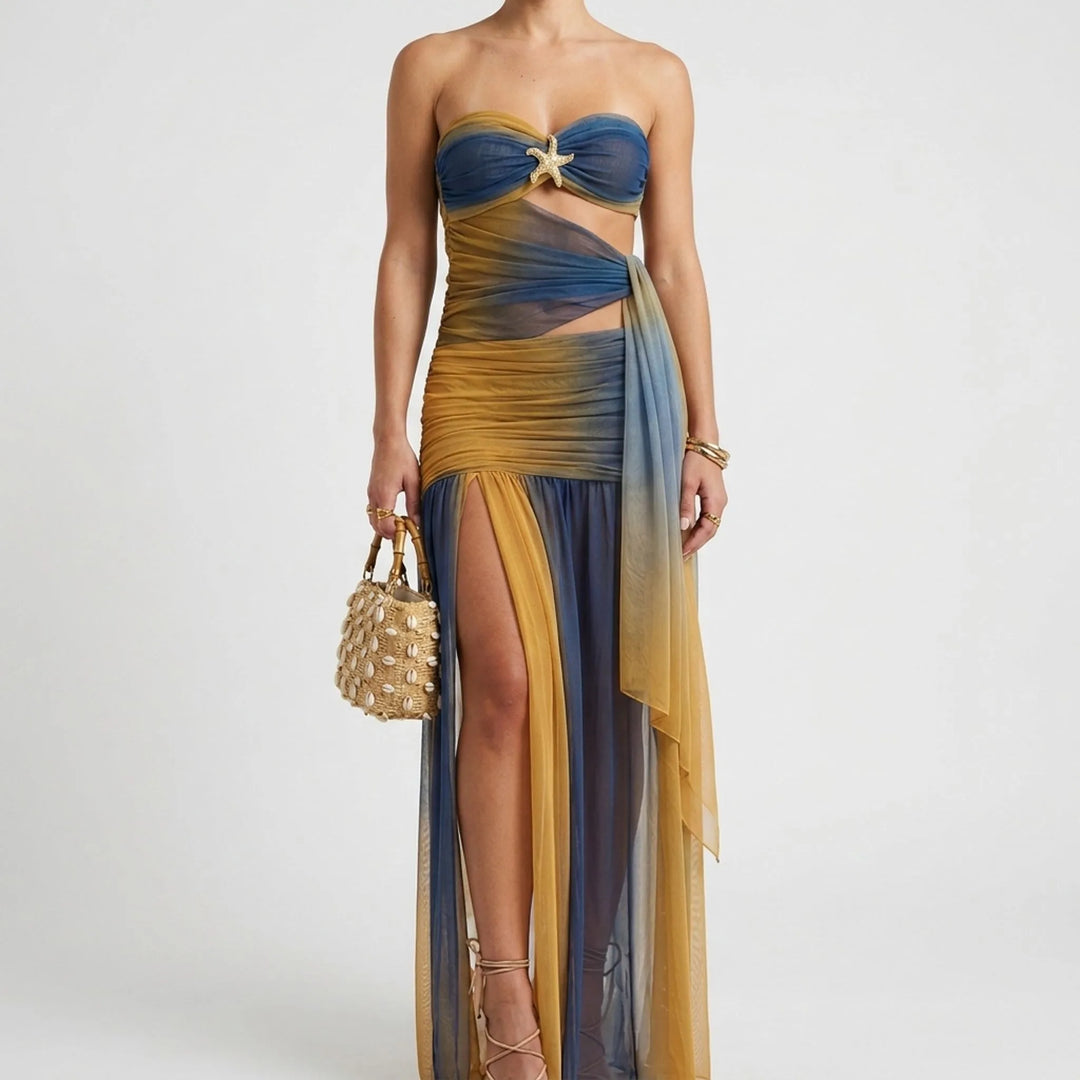 Elegant women's cutout monokini style swimsuit with skirt set. Ideal for your summer getaway.