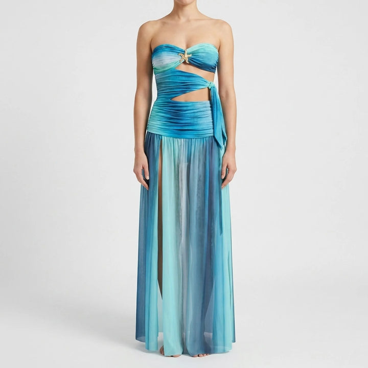 Vacation fashion: Women's stylish cutout swimsuit and skirt set. Flattering summer attire.