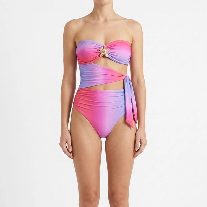 Two-piece women's cutout swimsuit with swim skirt. Sophisticated beachwear for stylish women.