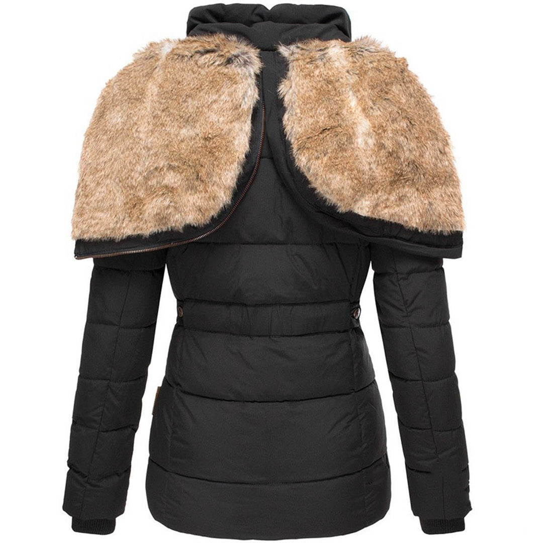 Elegant ladies' insulated winter jacket with a fur lining, ideal for staying warm and fashionable in cold climates.