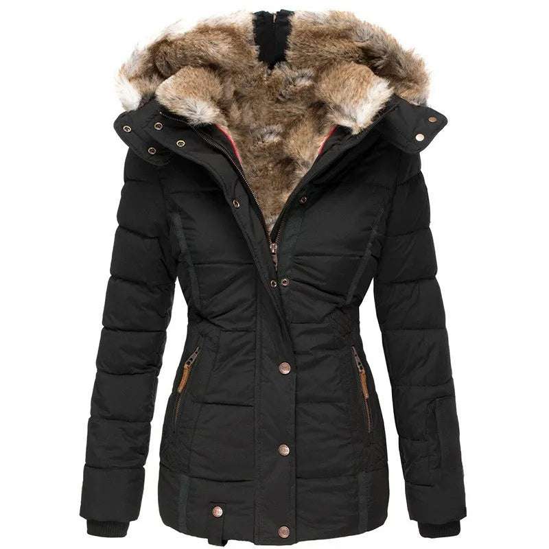 Warm women's hooded winter jacket, fur-lined for extra coziness, perfect for stylish cold weather outerwear.