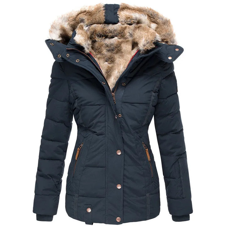 Stay warm & stylish in this women's fur-lined winter jacket, a cozy insulated coat for chilly ladies' fashion.
