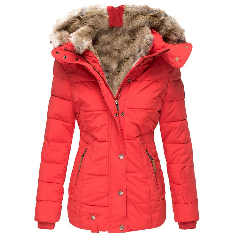 Model in a women's stylish fur-lined winter jacket, designed for warmth & comfort in cold weather fashion.