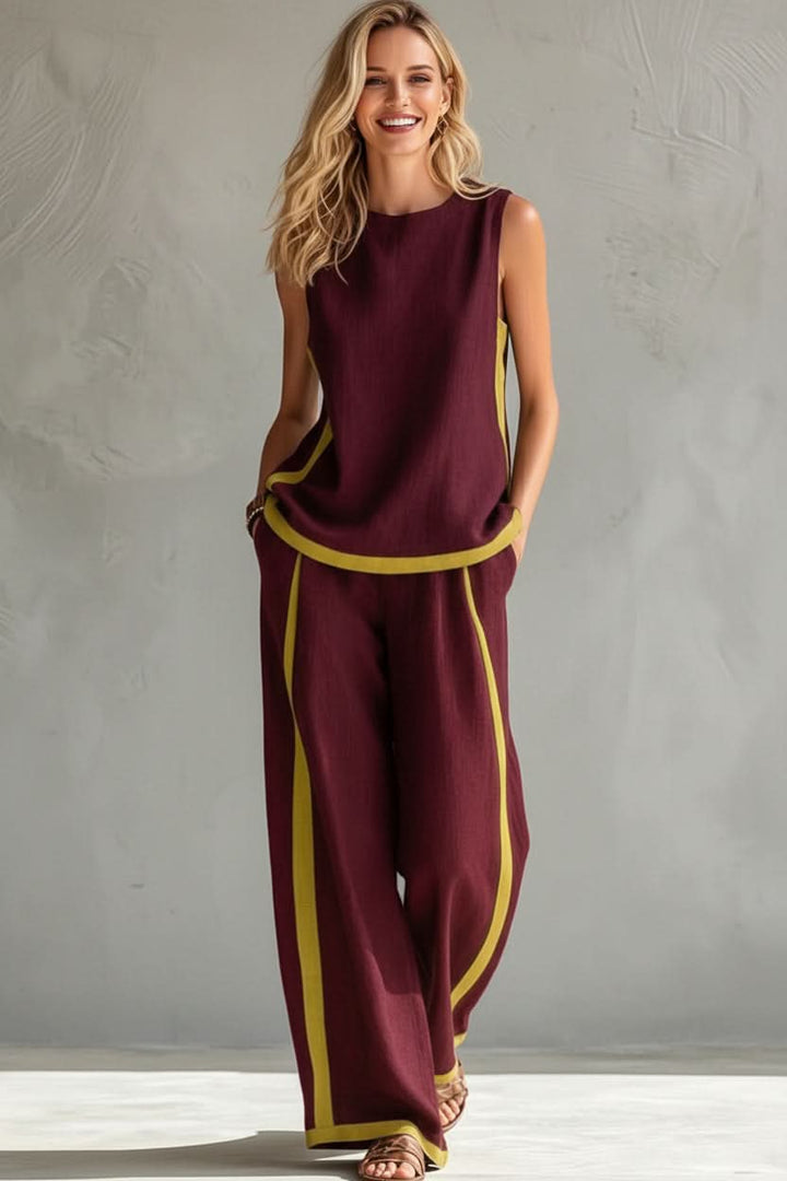 Woman wearing a chic minimalist casual commute set, ideal for stylish and comfortable travel or daily errands.