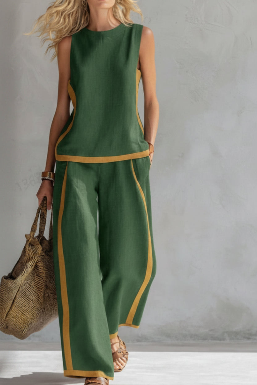 Back view of women's minimalist casual two-piece set, showing the comfortable fit and modern, versatile design.