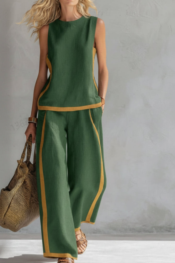 Back view of women's minimalist casual two-piece set, showing the comfortable fit and modern, versatile design.