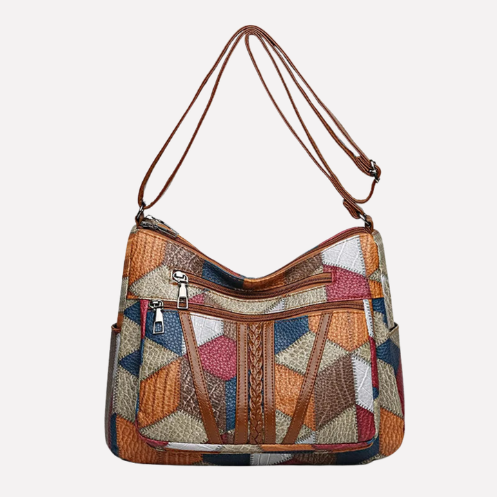 Stylish women's patchwork shoulder bag with unique braided detail, a versatile fashion accessory.