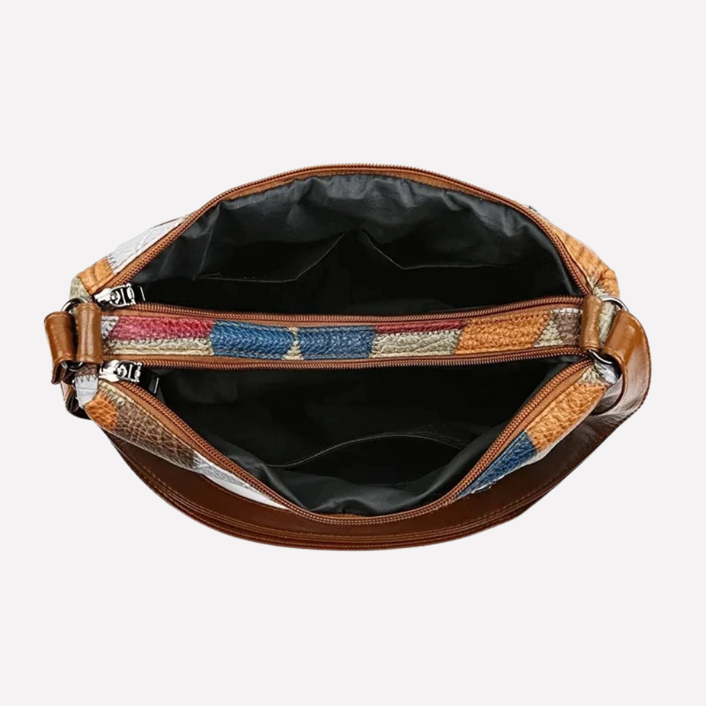 Fashionable women's patchwork shoulder bag with elegant braided accents, a stylish and versatile everyday tote.
