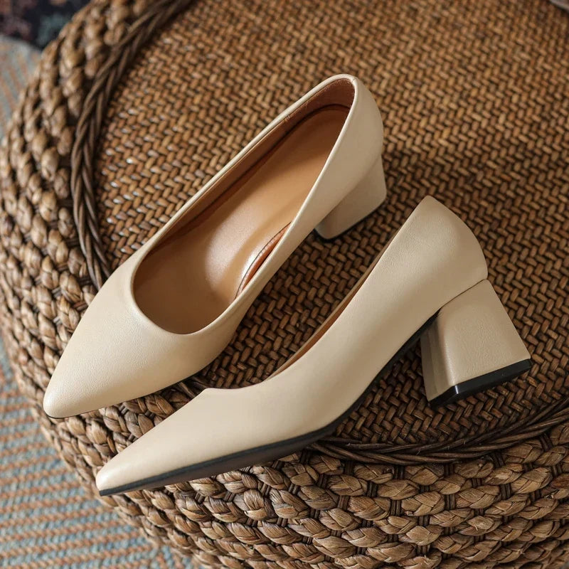 Elegant women's pointed toe block heels, stable and stylish. Ideal formal or evening dress shoes with a non-slip sole.