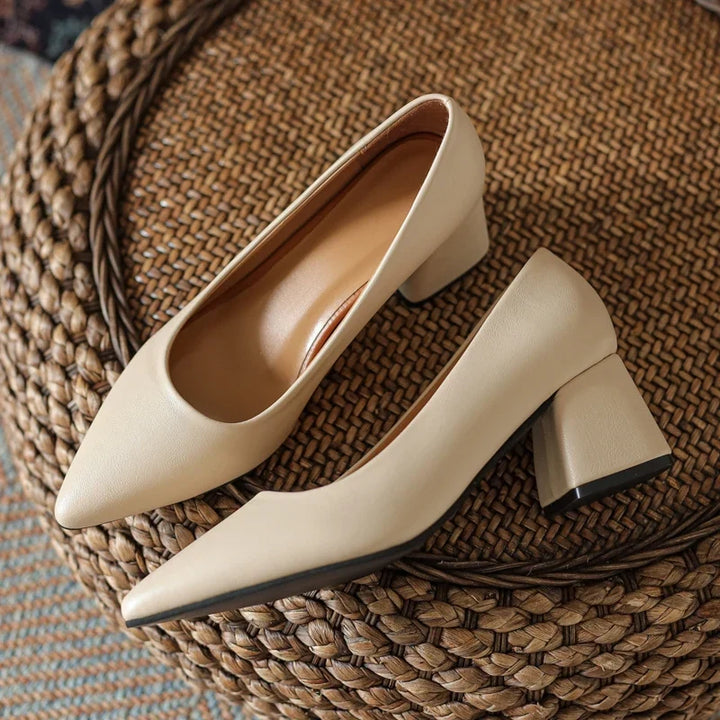Elegant women's pointed toe block heels, stable and stylish. Ideal formal or evening dress shoes with a non-slip sole.