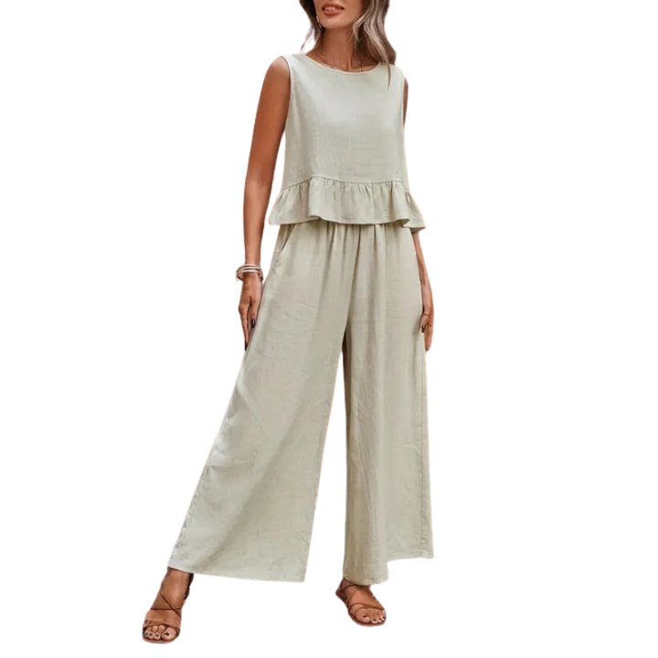 Stylish women's ruffle tank top & wide leg pants two-piece set, perfect for casual chic spring & summer fashion.