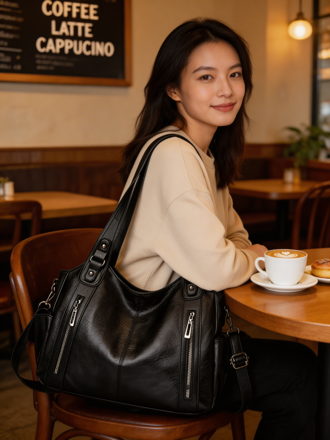 Elegant black women's shoulder bag, a versatile multi-compartment handbag for a polished look.