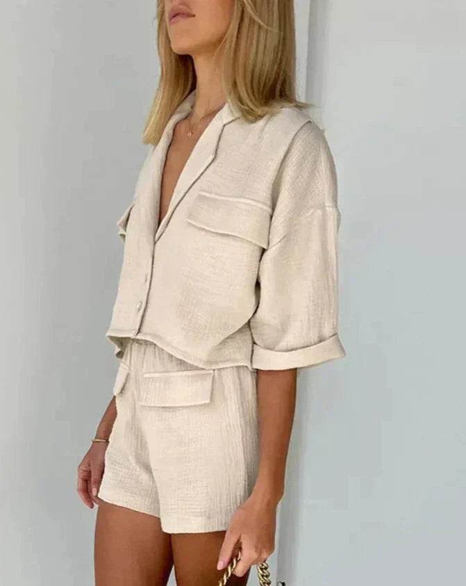 Comfortable women's two-piece short set. Versatile matching button-down top & shorts outfit for everyday or travel.