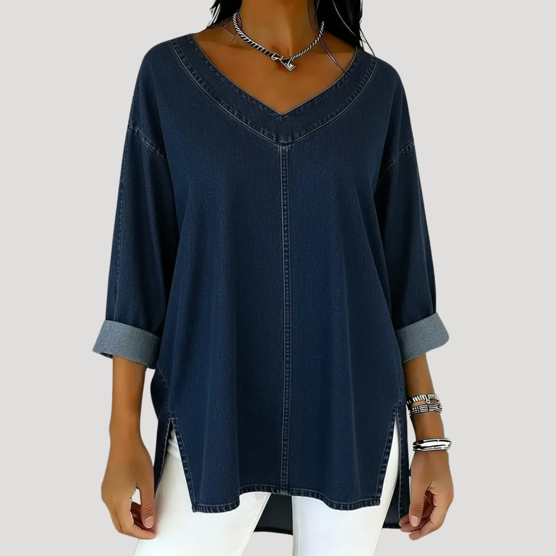 Comfortable women's V-neck tunic top with elbow sleeves, ideal as an everyday top for relaxed casual wear.