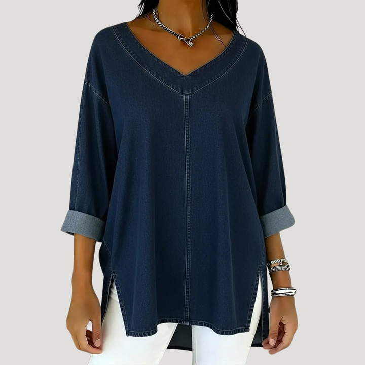 Comfortable women's V-neck tunic top with elbow sleeves, ideal as an everyday top for relaxed casual wear.