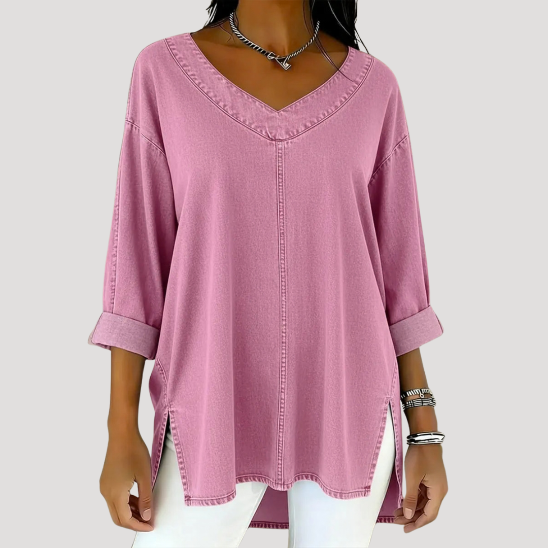 Relaxed fit V-neck tunic top for women, featuring elbow-length sleeves. A comfortable, versatile casual everyday top.