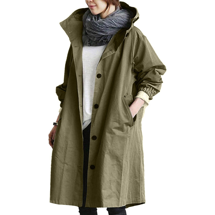 Stylish women's waterproof long raincoat with hood, perfect for outdoor weather protection & casual wear.